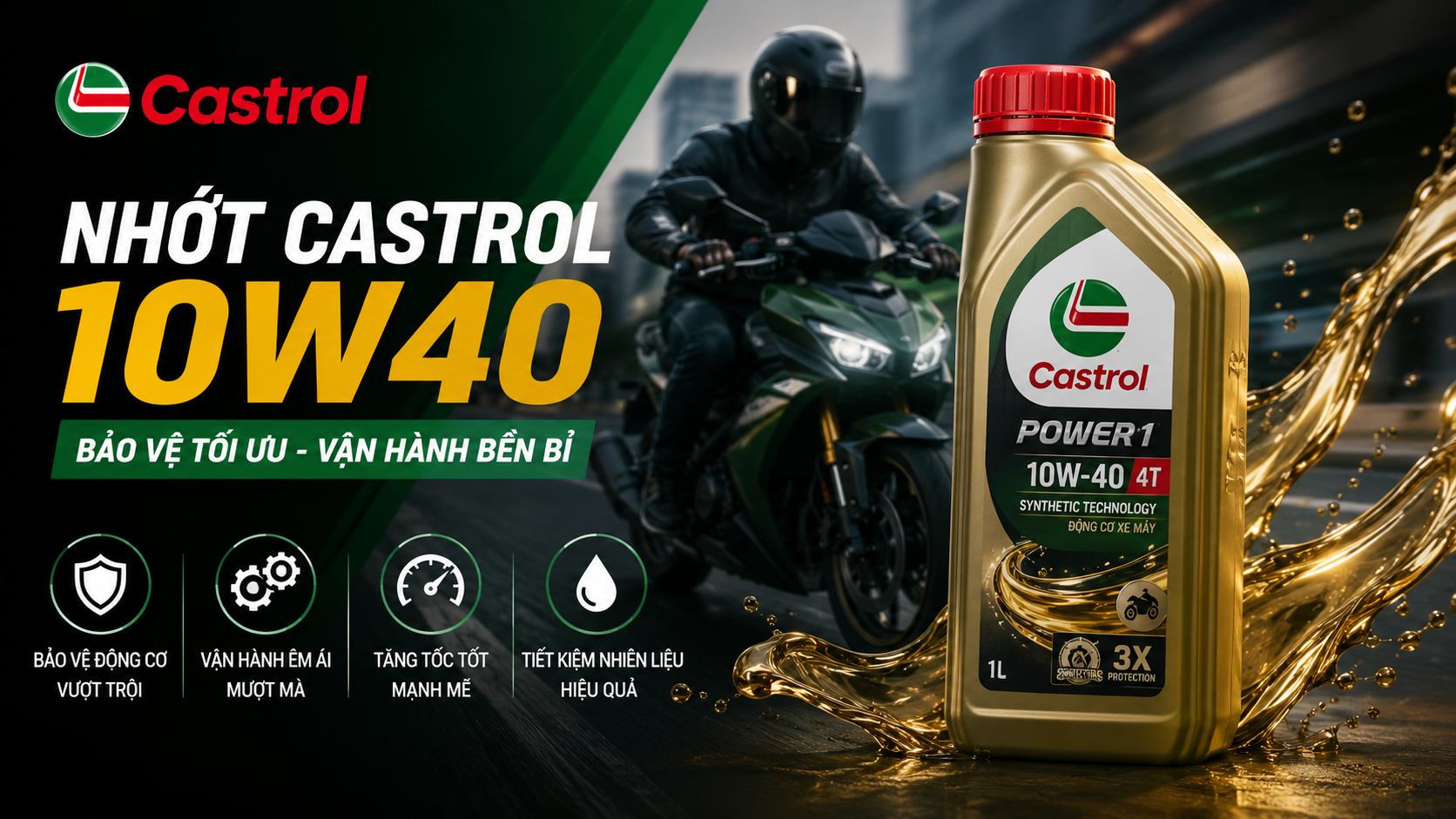 Ảnh đại diện bài viết nhớt Castrol 10W40 chạy được bao nhiêu km, hướng dẫn chu kỳ thay nhớt xe máy đúng thời điểm để bảo vệ động cơ.