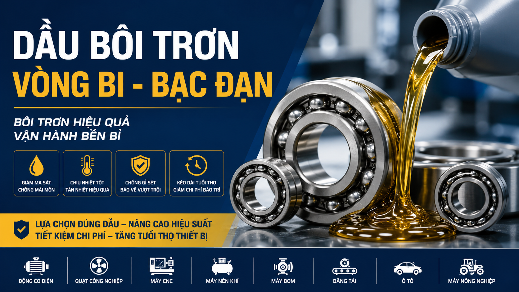 Hình ảnh minh họa dầu bôi trơn vòng bi - bạc đạn chuyên dụng dùng cho động cơ điện, máy CNC, máy nén khí, máy bơm, quạt công nghiệp, băng tải, ô tô, xe máy và máy nông nghiệp. Dầu có khả năng giảm ma sát, chống mài mòn, chống gỉ sét, chịu nhiệt cao và kéo dài tuổi thọ thiết bị.