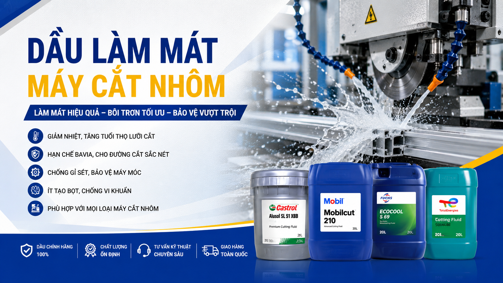 Hình ảnh minh họa dầu làm mát máy cắt nhôm sử dụng trong gia công cơ khí và máy cắt nhôm CNC. Sản phẩm giúp làm mát nhanh, bôi trơn hiệu quả, giảm ma sát, chống bám phoi, hạn chế bavia, bảo vệ lưỡi cắt và kéo dài tuổi thọ thiết bị. Phù hợp cho máy cưa nhôm, máy cắt nhôm hai đầu, máy CNC và các dây chuyền gia công nhôm công nghiệp.