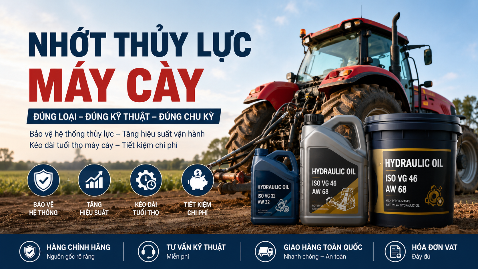 Hình ảnh minh họa hướng dẫn thay nhớt thủy lực máy cày đúng kỹ thuật. Bài viết cung cấp quy trình thay dầu thủy lực chi tiết, cách lựa chọn dầu phù hợp theo độ nhớt ISO VG 32, ISO VG 46, ISO VG 68, tiêu chuẩn AW, UTTO, STOU cùng những lưu ý quan trọng giúp tăng tuổi thọ hệ thống thủy lực, giảm chi phí bảo trì và nâng cao hiệu suất vận hành máy cày.